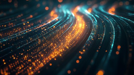 A creative arrangement of digital wires conveying information through impulses, accompanied by cables that transfer large amounts of data and neon lights