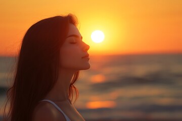 The outdoors provides a serene setting for a young woman with long hair to relax with her eyes closed, absorbing vitamin D while cultivating mindfulness and spirituality for improved mental health