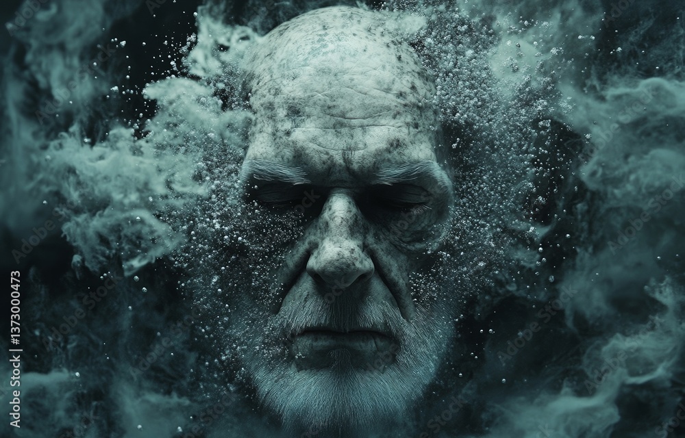 Poster the concept of modern science and technology is represented by a man's face affected by pixel disper