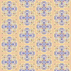 Elegant set of tiles with a pattern of yellow and blue lines and fantasy flowers on a beige background
