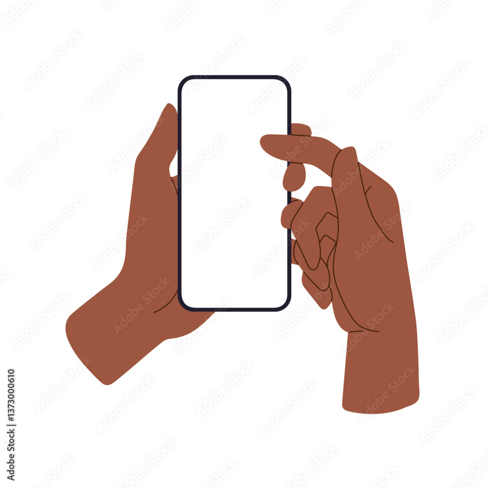 Aufkleber phone in hand, mobile screen with blank display, dark skin user scrolling social media. smartphone g