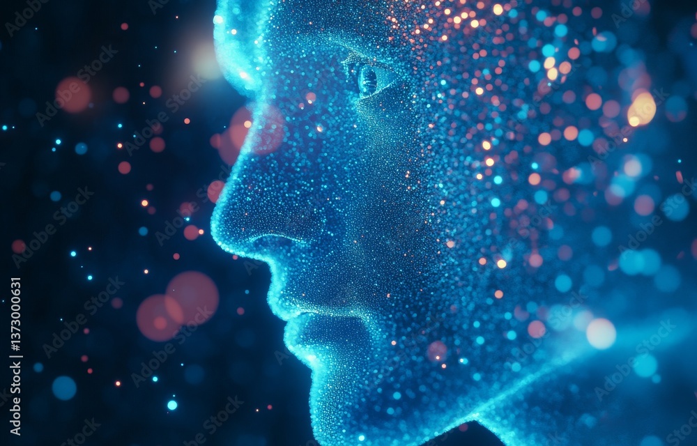 Poster man's face distorted by pixel dispersion, symbolizing technology and modern science alongside disint