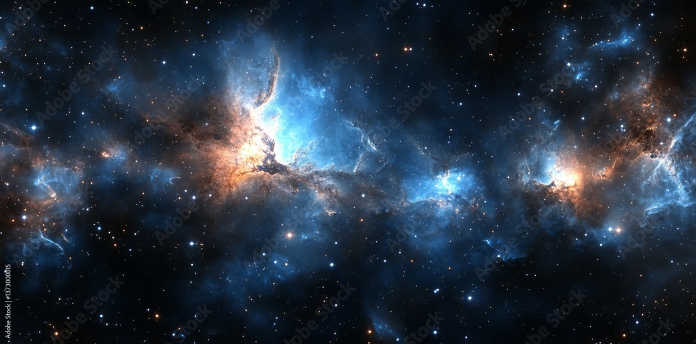 Poster the background is a 360-degree space scene with a gigantic, glowing nebula and young stars, utilizin