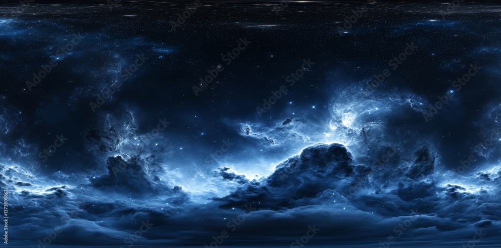 Poster a 360-degree space background featuring a nebula and stars, presented in equirectangular projection 