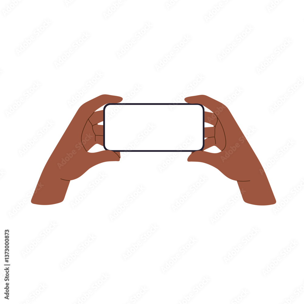 Poster phone with empty screen, held by two hands with black skin, showing mobile device horizontally. afri