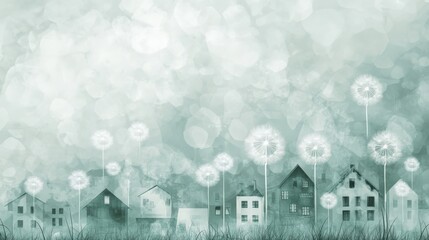Charming Illustration of Whimsical Houses with Dandelion Flowers Against a Soft Green Background Perfect for Nature and Home Decor Themes