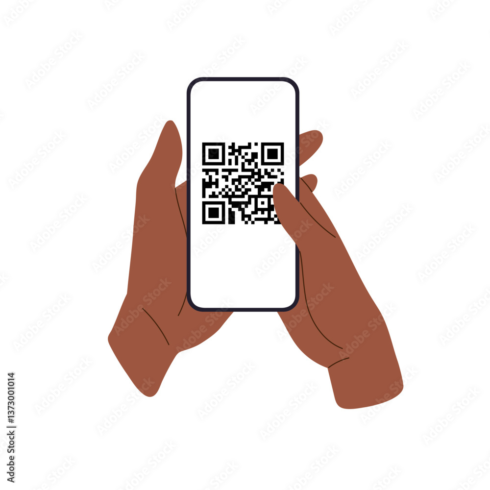 Poster Hands holding mobile phone with qr code scanner on screen isolated on white. Flat vector illustration