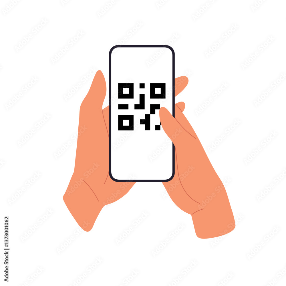 Poster QR code scan with smartphone, hand holding mobile device reading black square symbol. Modern barcode application for payment, smart technology. Flat vector illustration isolated on white background.