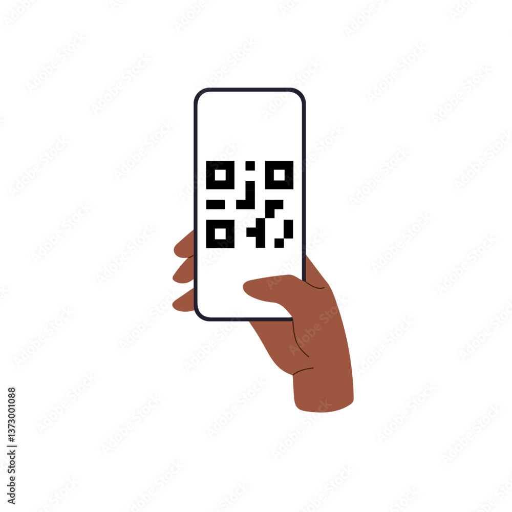 Aufkleber QR code scan with smartphone, hand holding phone for reading barcode and payment. Simple electronic application for data capture and use. Flat vector illustration isolated on white background.