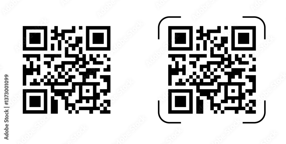Poster QR code set with frame and dot elements, black and white square symbol for digital scan. Modern barcode design for app, payment, smart technology. Flat vector illustration isolated on white background