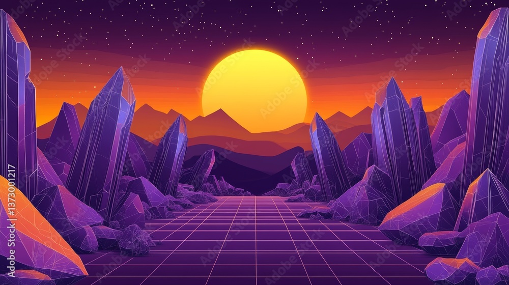 Poster a retro-futuristic background is depicted in 3d rendering, set against a virtual space filled with s