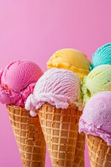 Vibrantly colored ice cream cones showcase an assortment of flavors, inviting viewers to indulge in delightful summertime experiences filled with sweetness and joyful memories of childhood treats.