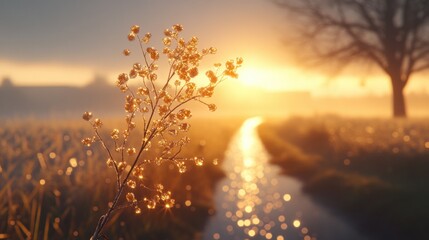 Golden sunrise over a dewy meadow.  Small wildflowers in the foreground bathed in warm sunlight, with a stream and misty landscape in the background