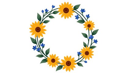 Naklejka premium Wildflower wreath of daisies and sunflowers on white background, floral design