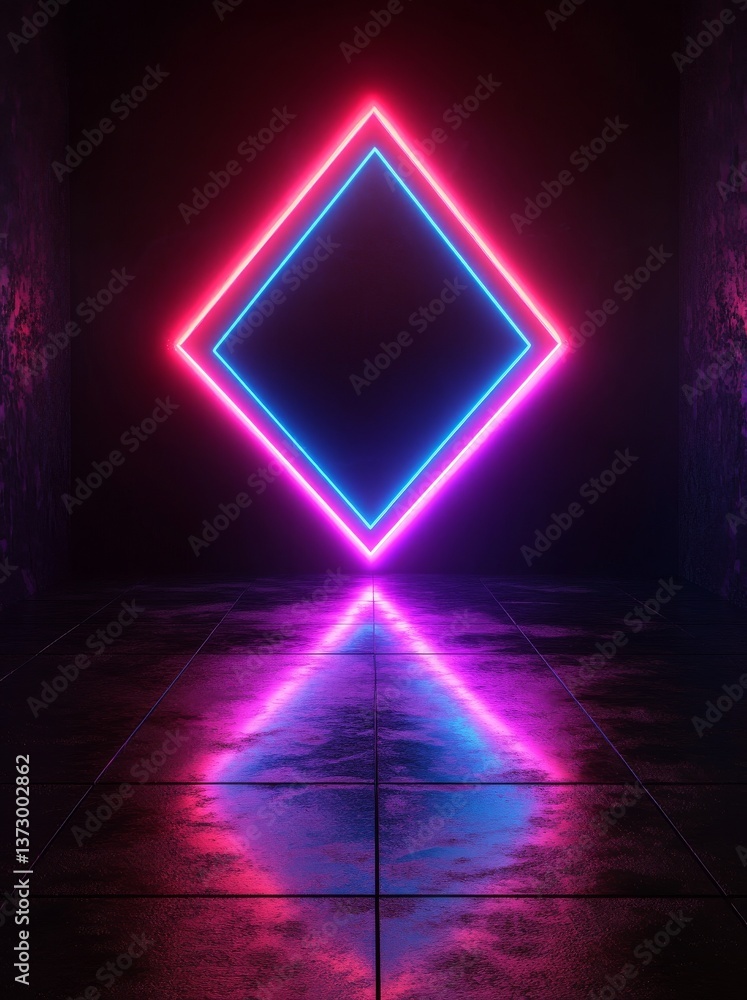 Poster the background is a 3d render of abstract, minimal geometric shapes, illuminated by glowing neon lin