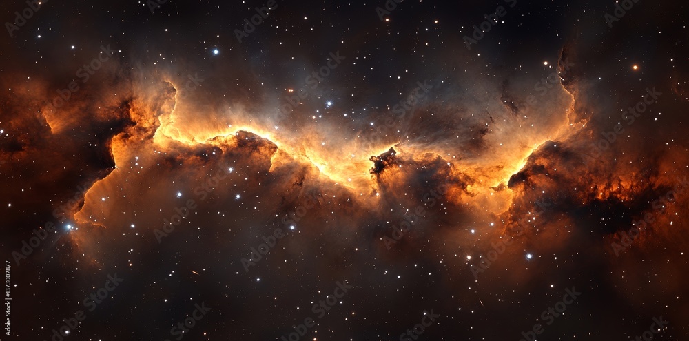 Poster a 360-degree interstellar cloud comprised of dust and gas, set against a space background that featu