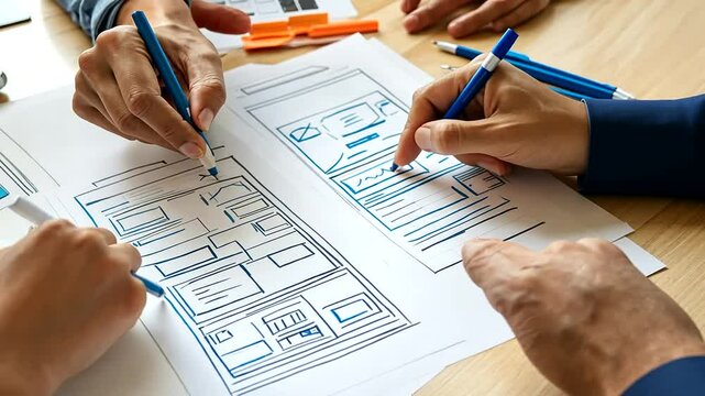 Collaborative brainstorming session with diverse hands sketching wireframes on paper, showcasing design ideas
