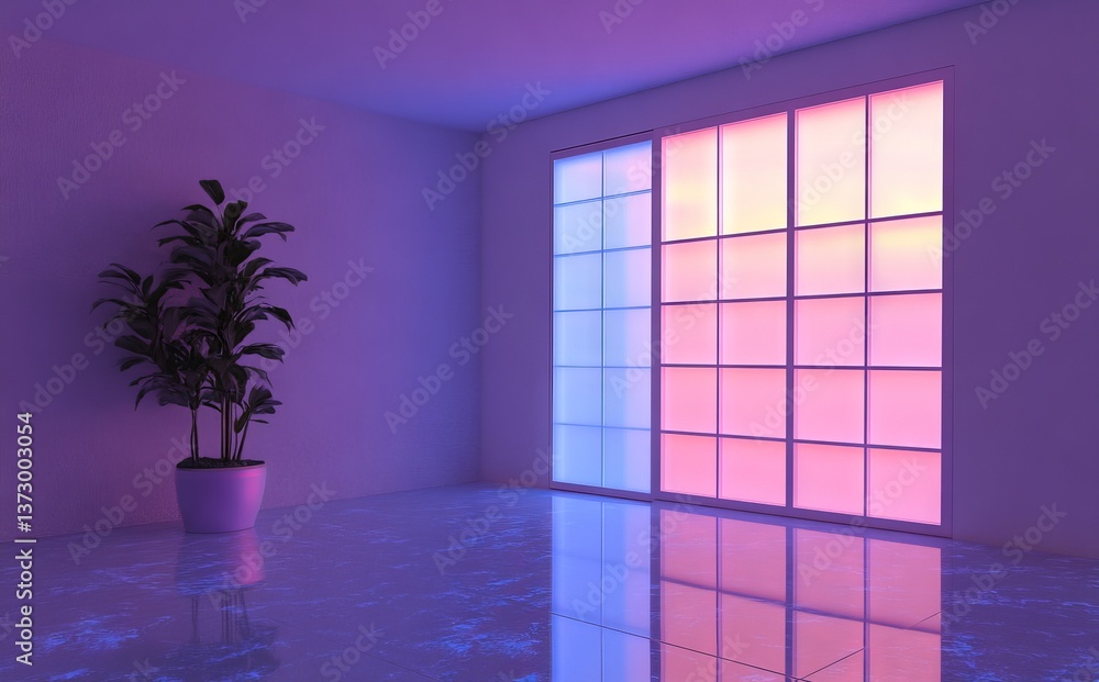 Poster the scene is set in an empty night club room with a 3d rendered abstract background in shades of blu