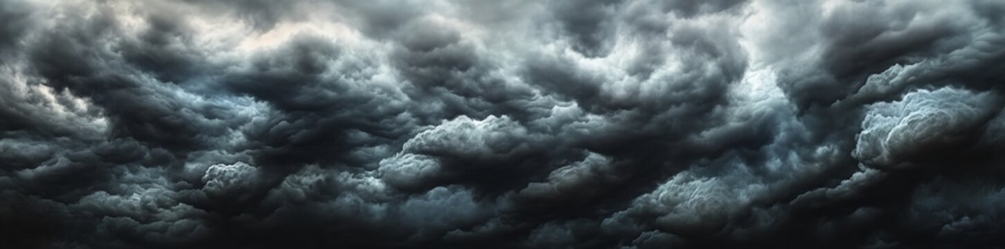 A dark sky featuring beautiful black clouds precedes a storm, captured in a seamless HDRI panorama with a 360-degree angle view that includes the zenith but excludes the ground, suitable for 3D