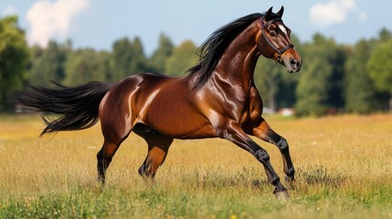 Fototapeta premium Brown horse running in a field with trees in the