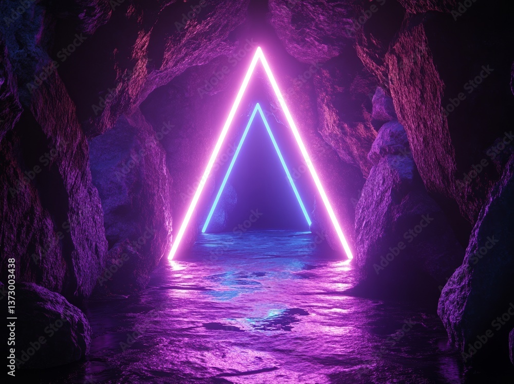 Poster the image is a 3d render of an ultraviolet neon triangular portal, complete with glowing lines, situ
