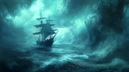 Fototapeta premium Ship sailing on stormy seas with dark clouds and rough