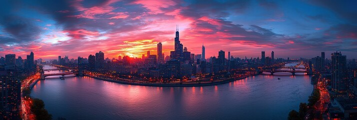 Fototapeta premium Urban skyline glows with vibrant sunrise colors.