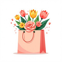 Mothers day card, icon, gift, shopping bag,. Mothers day card, icon, gift, shopping bag with flowers, Vector illustration on white background.