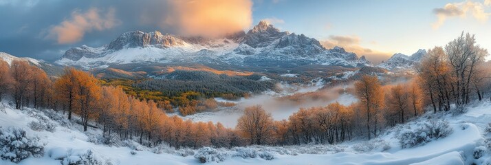 Snowy mountainsides and fall foliage at dawn