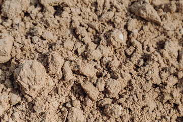 A detailed close-up of earth texture, revealing a mix of coarse and fine particles. The earth appears dry and crumbly, with a light brown hue. Ideal for backgrounds, natural textures.