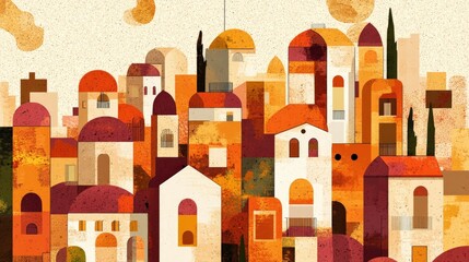 Obraz premium Colorful Abstract Illustration of an Artistic Mediterranean Cityscape with Unique Architectural Shapes and Warm Tones of Red, Orange, and Yellow, Capturing a Vibrant Urban Atmosphere