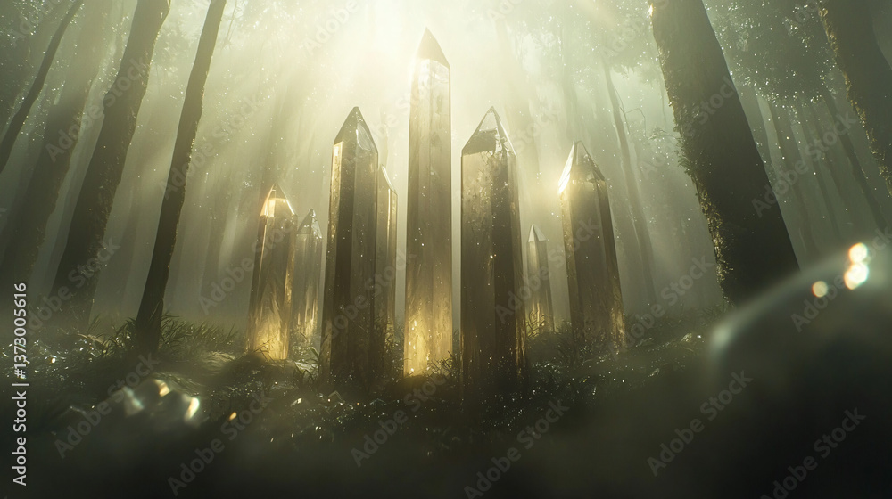 Poster enchanting forest scene with soft light shining through trees illuminating a tranquil environment su