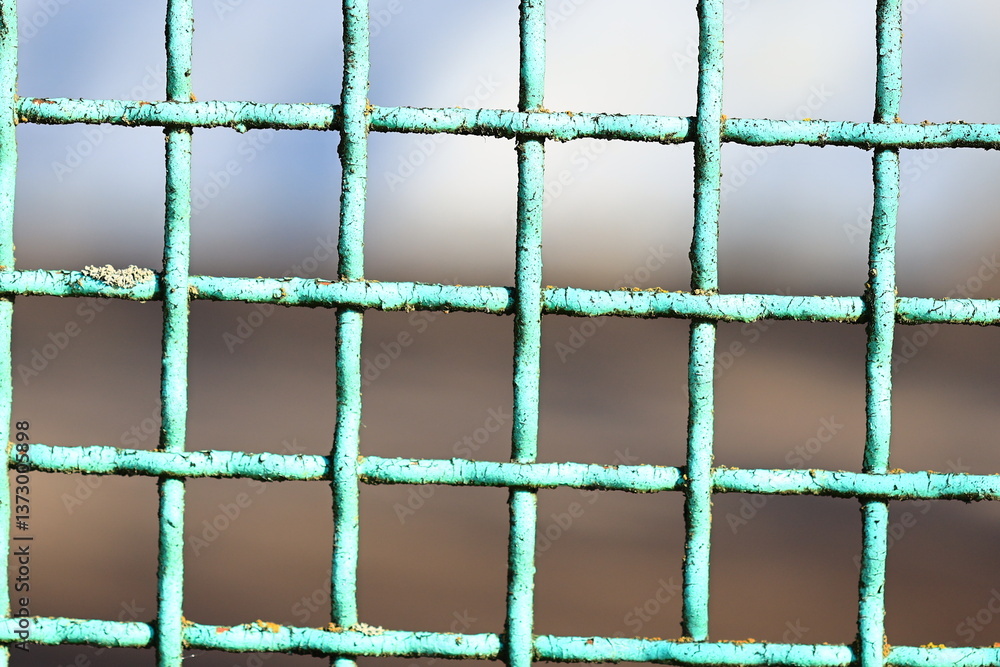 Poster a detailed view of a green metal fence with vertical bars and a rusty texture.