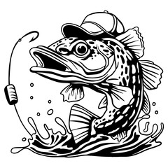 Jumping pike fish wearing a cap, hooked on a fishing line
