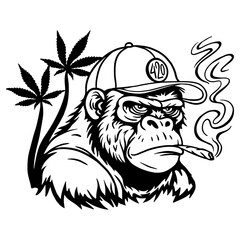 Vector illustration of a gorilla in a cap smoking a joint with cannabis leaves in the background.