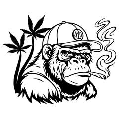 Vector illustration of a gorilla in a cap smoking a joint with cannabis leaves in the background.