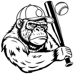 Vector illustration of a serious gorilla in a baseball cap holding a bat, with a flying baseball.