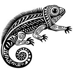 Tribal-style iguana lizard illustration with intricate patterns. Black and white vector design