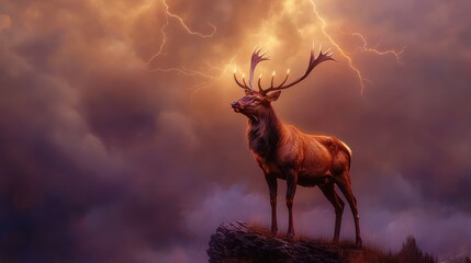 Stag standing on a cliff during a thunderstorm, lightning flashing behind its antlers, mystical atmosphere, photorealistic