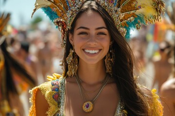 Smiling woman adorned in carnival headdress