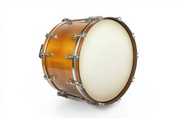 A bass drum with a light brown wood finish and silver hardware isolated on a white background