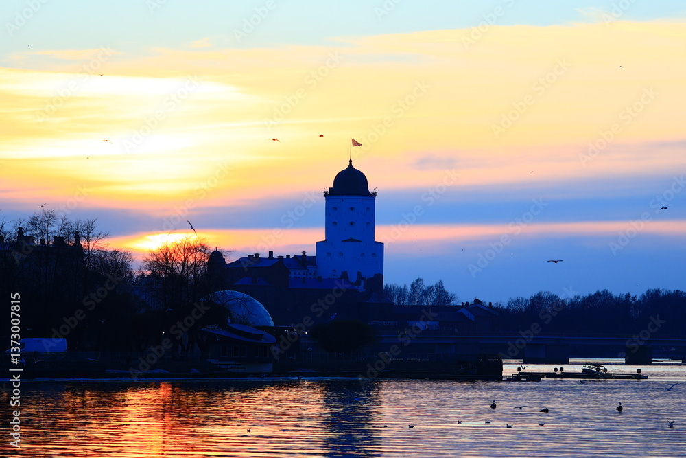 Poster A large lake with a tower in the background, suitable for use as a scenic backdrop or as part of a fantasy setting.