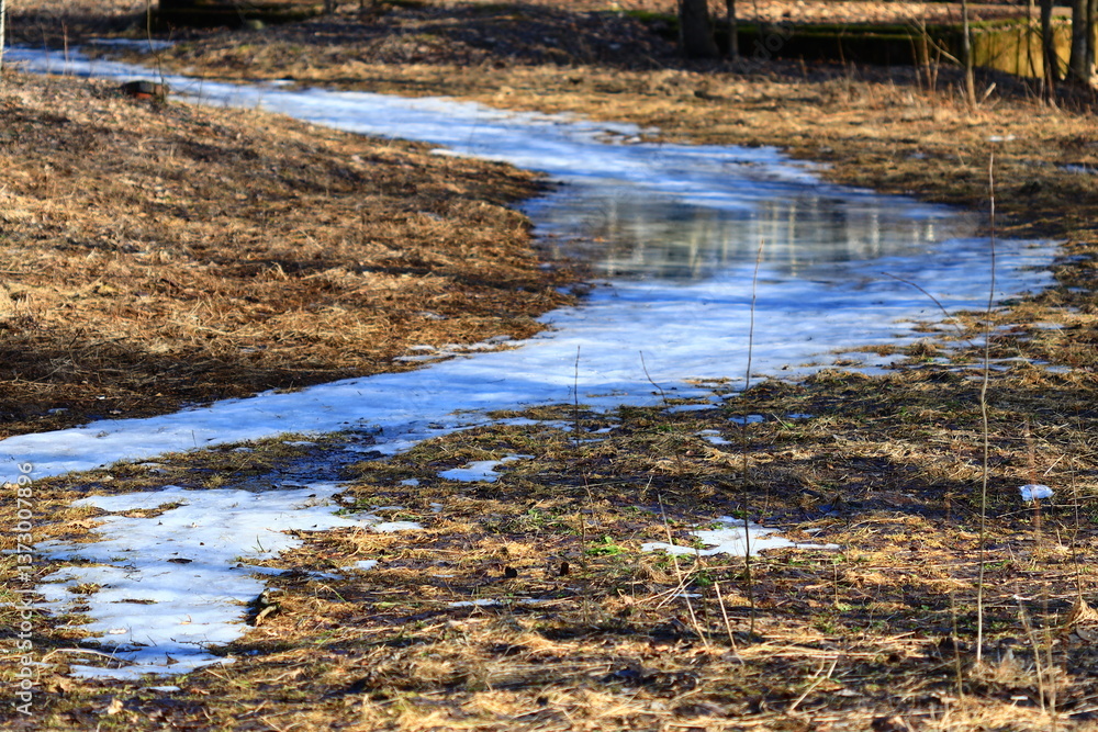 Aufkleber a natural phenomenon where water flows through a dry grass field, suitable for use in scenes with na