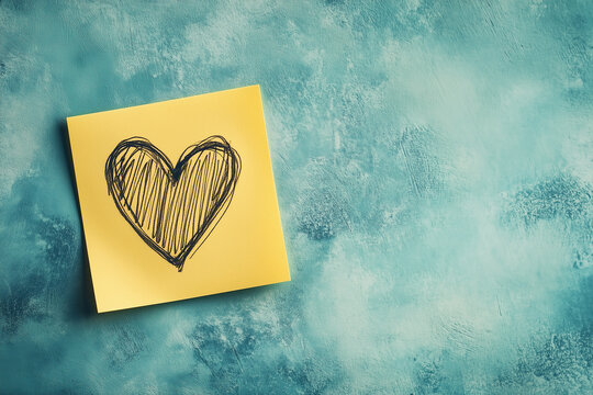 black hand-drawn heart on a yellow sticky note pinned to a dark textured background representing love and simplicity