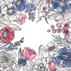 Vector composition of spring flowers, leaves and branches. Different flowers, tulips, anemones and other plants in beautiful floral frame.