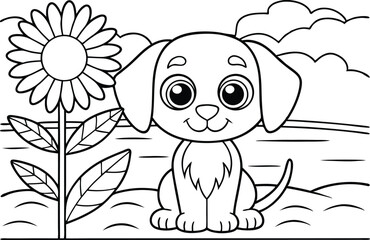 Cute Puppy Cartoon with Sunflower in Outline Style on Transparent Background