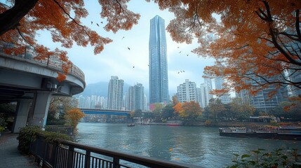 Fototapeta premium Autumn city view river skyscrapers misty light