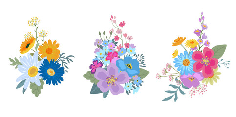 Collection of three vector bouquets of colorful wildflowers. Elegant floral compositions with forget-me-nots, chamomile, daisies.