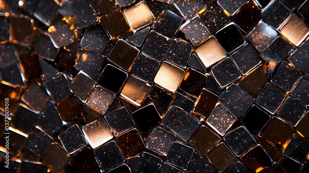 Poster metallic copper and black mosaic tiles with dramatic lighting creating reflective surface pattern. g
