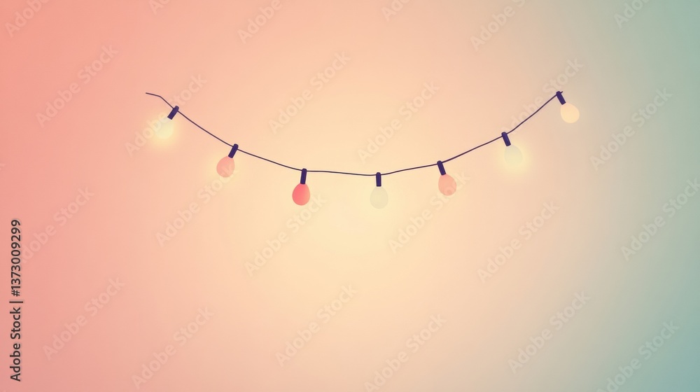 Poster minimalistic logo design featuring festive lights in a soft pastel background with an elegant arch, 